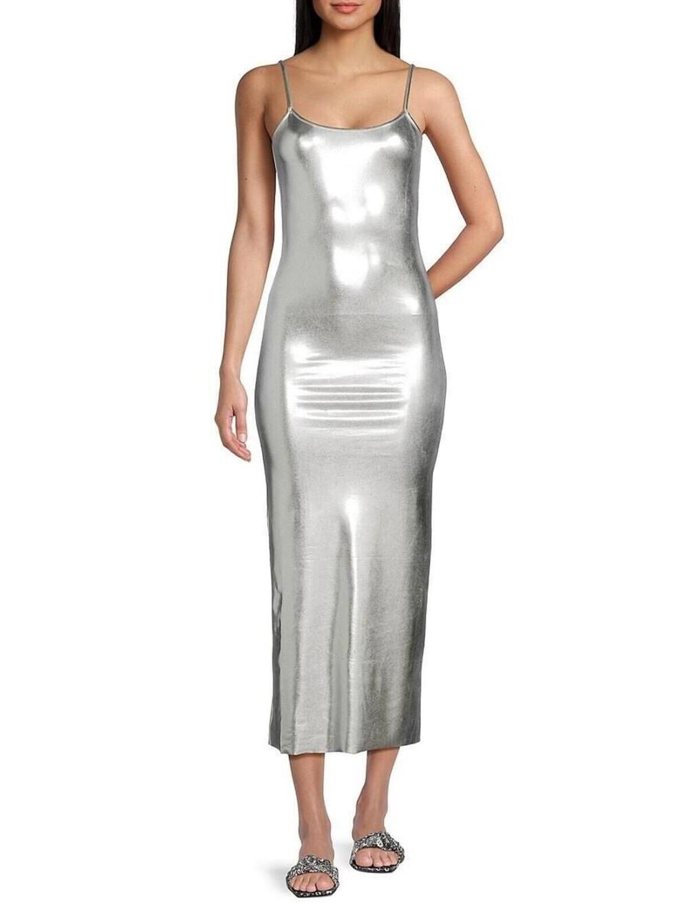 NWT Weworewhat Women's Metallic Bodycon MIDI Dress - Silver - Size M